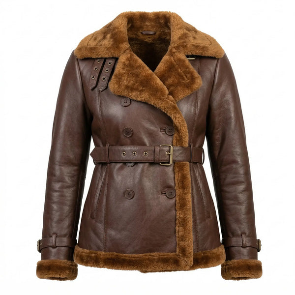 Custom women’s shearling double breasted leather coat jacket front view