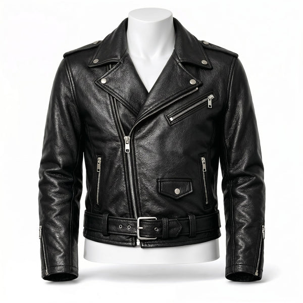Black leather jacket on a mannequin against a white background