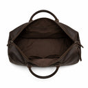 Brown leather duffel bag on a white background
