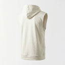 Beige sleeveless hoodie on a light gray background