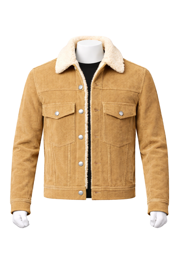 Custom Men’s Corduroy Trucker Jacket with Sherpa Collar manufacturing and bulk supply by DenimByte