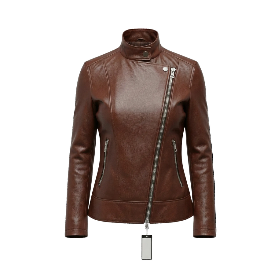 Custom Women's Premium Leather Asymmetrical Biker Jacket manufacturing and bulk supply by DenimByte