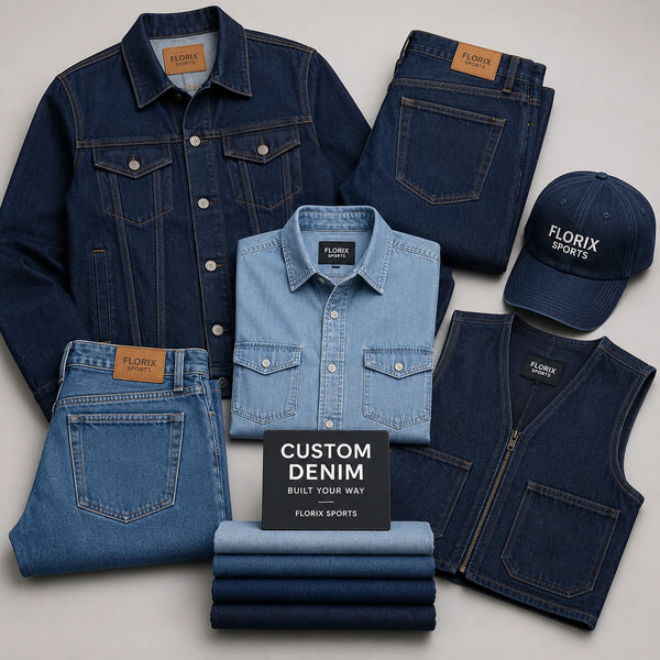 Custom denim garments manufactured by Florix Sports custom manufacturing by Florix Sports
