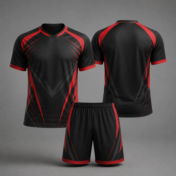 Black and red custom sports uniform with matching shorts manufactured by Florix Sports for teams, clubs and private-label sportswear brands. custom manufacturing by Florix Sports