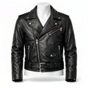 Black leather jacket on a mannequin against a white background