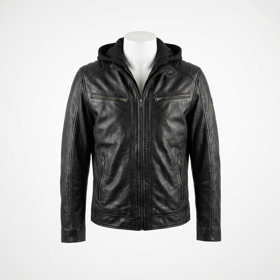 Hooded Biker Leather Jacket front view custom manufacturing