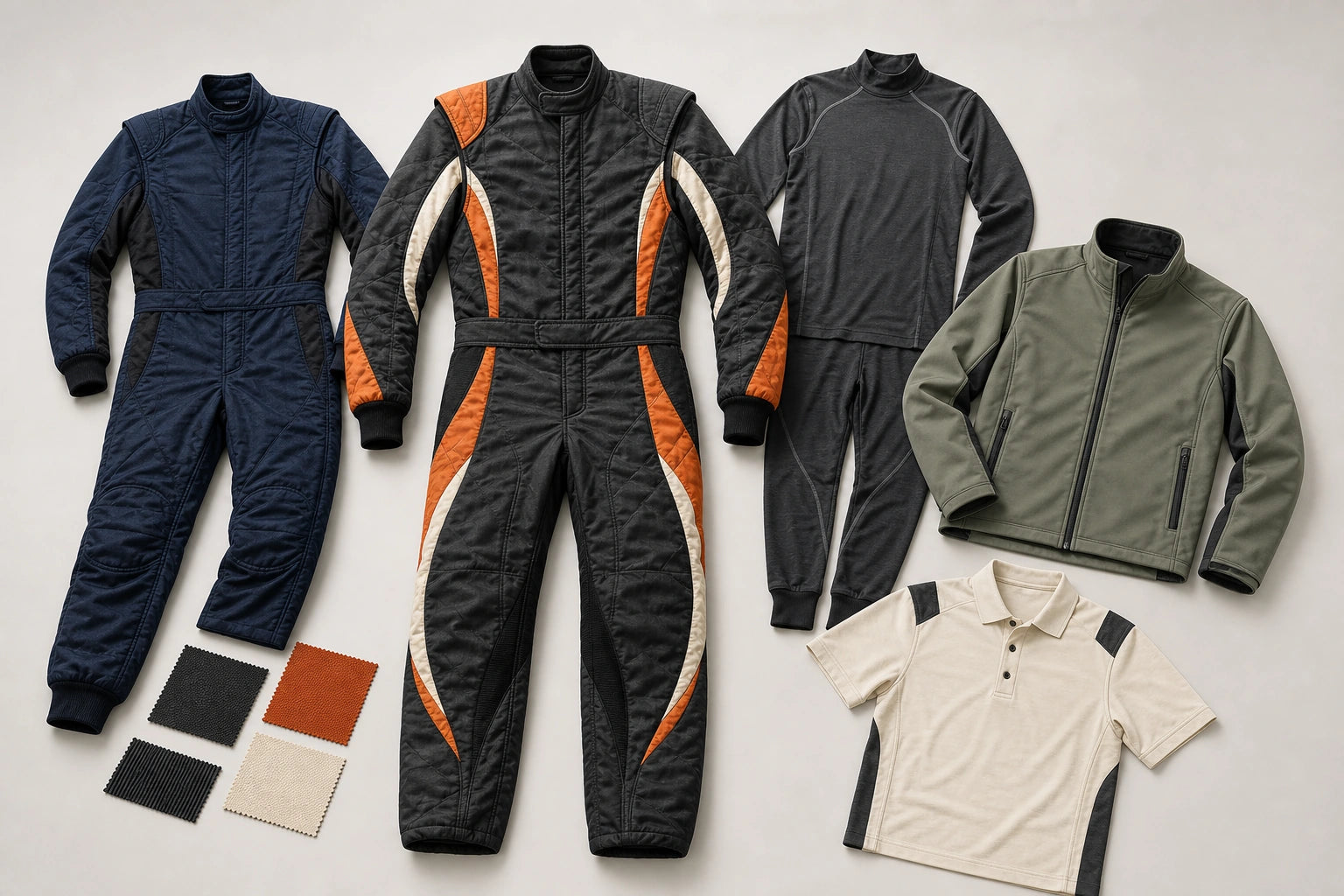 Unbranded custom auto racing suit apparel displayed for team and private-label manufacturing