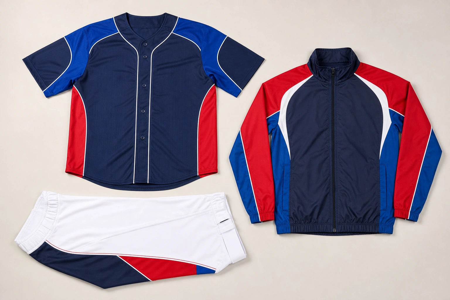 Unbranded custom baseball uniform apparel displayed for team and private-label manufacturing