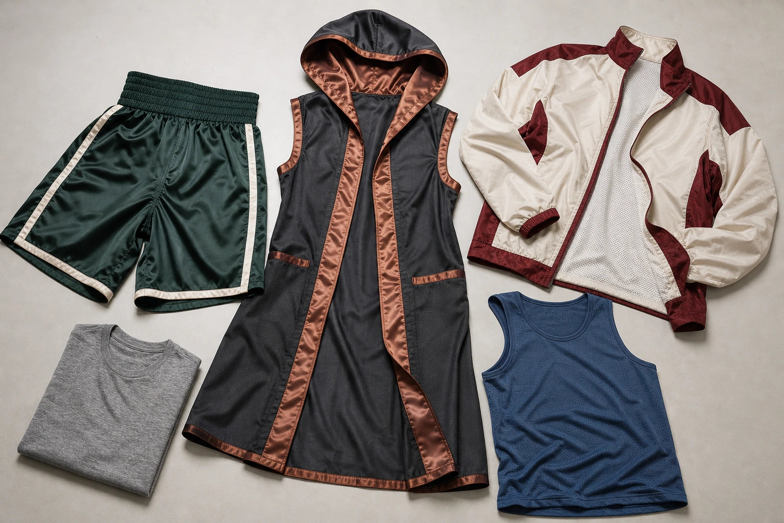 Unbranded custom boxing apparel displayed for team and private-label manufacturing