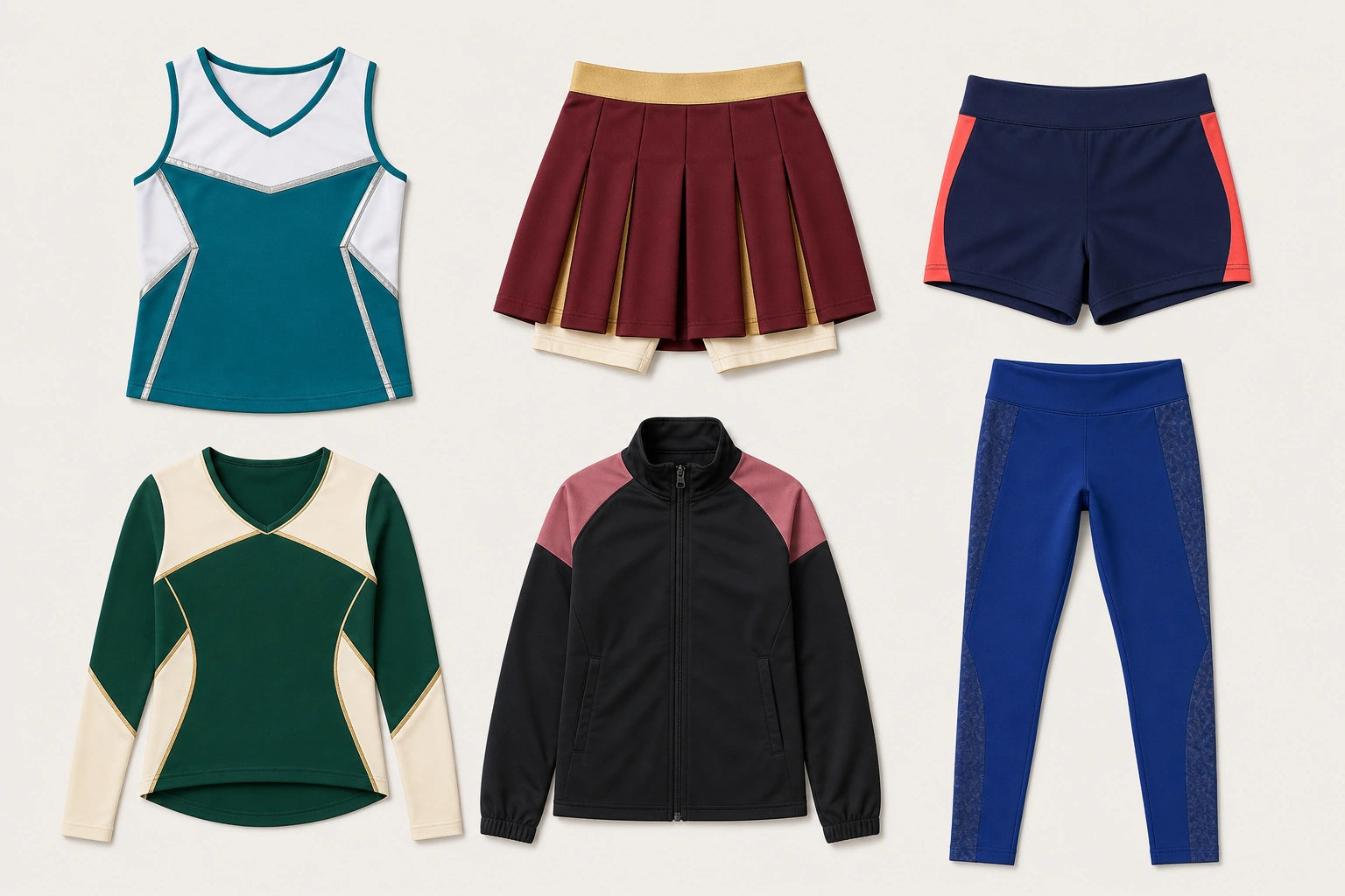 Unbranded custom cheerleading uniform apparel displayed for team and private-label manufacturing