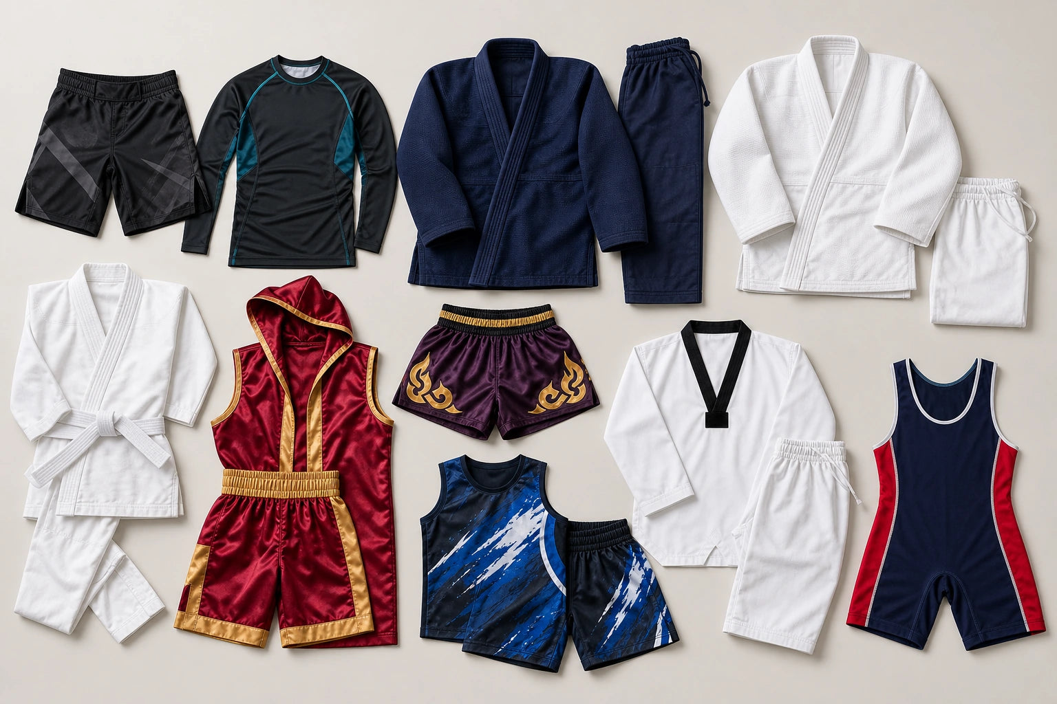 Unbranded custom combat sportswear apparel displayed for team and private-label manufacturing