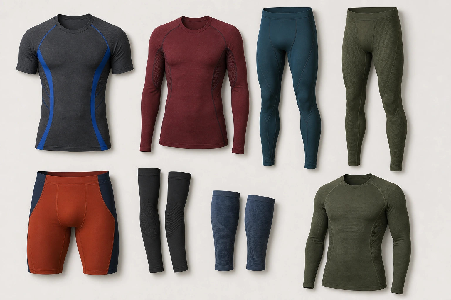 Unbranded custom compression sportswear apparel displayed for team and private-label manufacturing