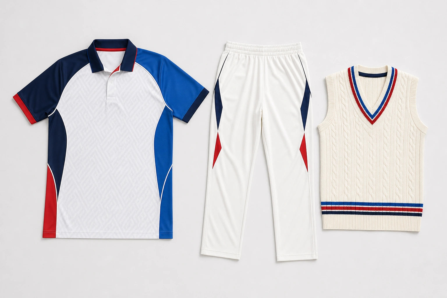 Unbranded custom cricket uniform apparel displayed for team and private-label manufacturing