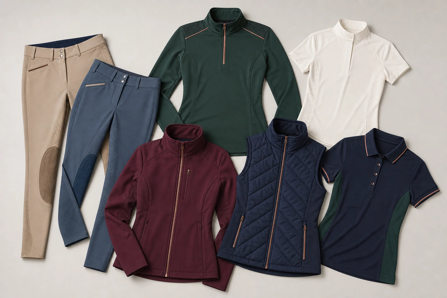 Unbranded custom equestrian apparel displayed for team and private-label manufacturing