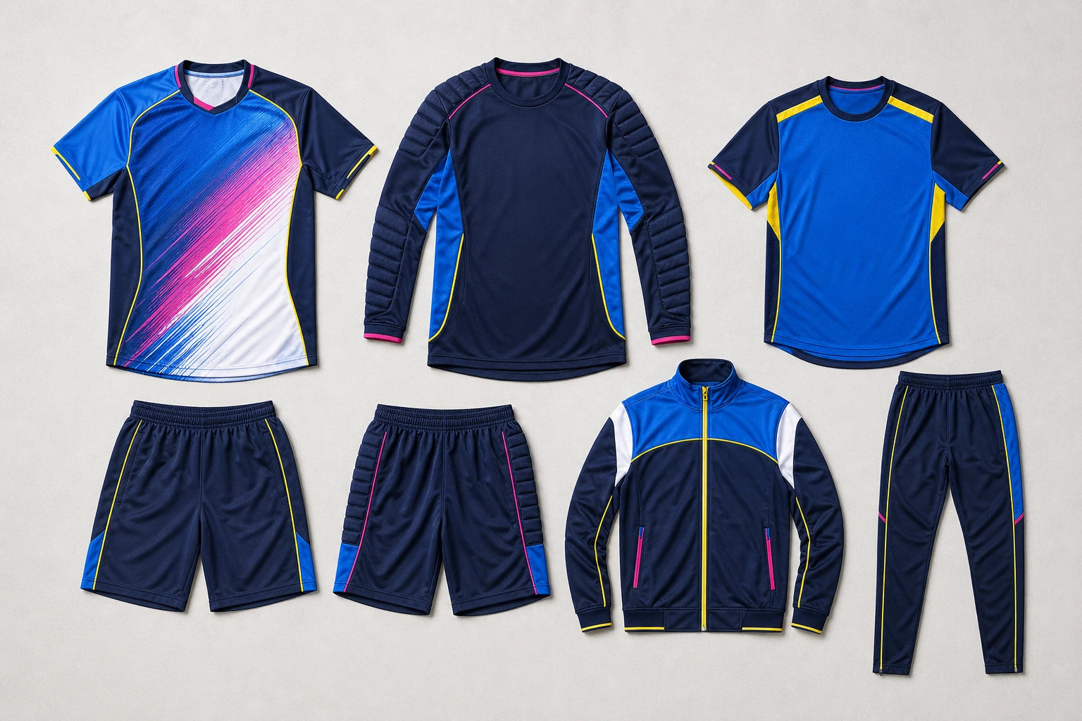 Unbranded custom futsal kit apparel displayed for team and private-label manufacturing