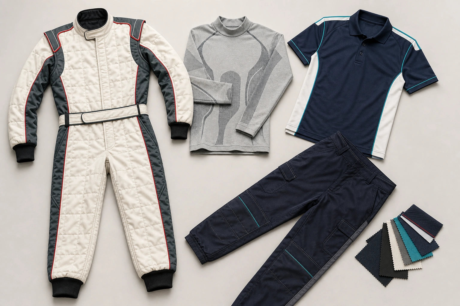 Unbranded custom karting suit apparel displayed for team and private-label manufacturing