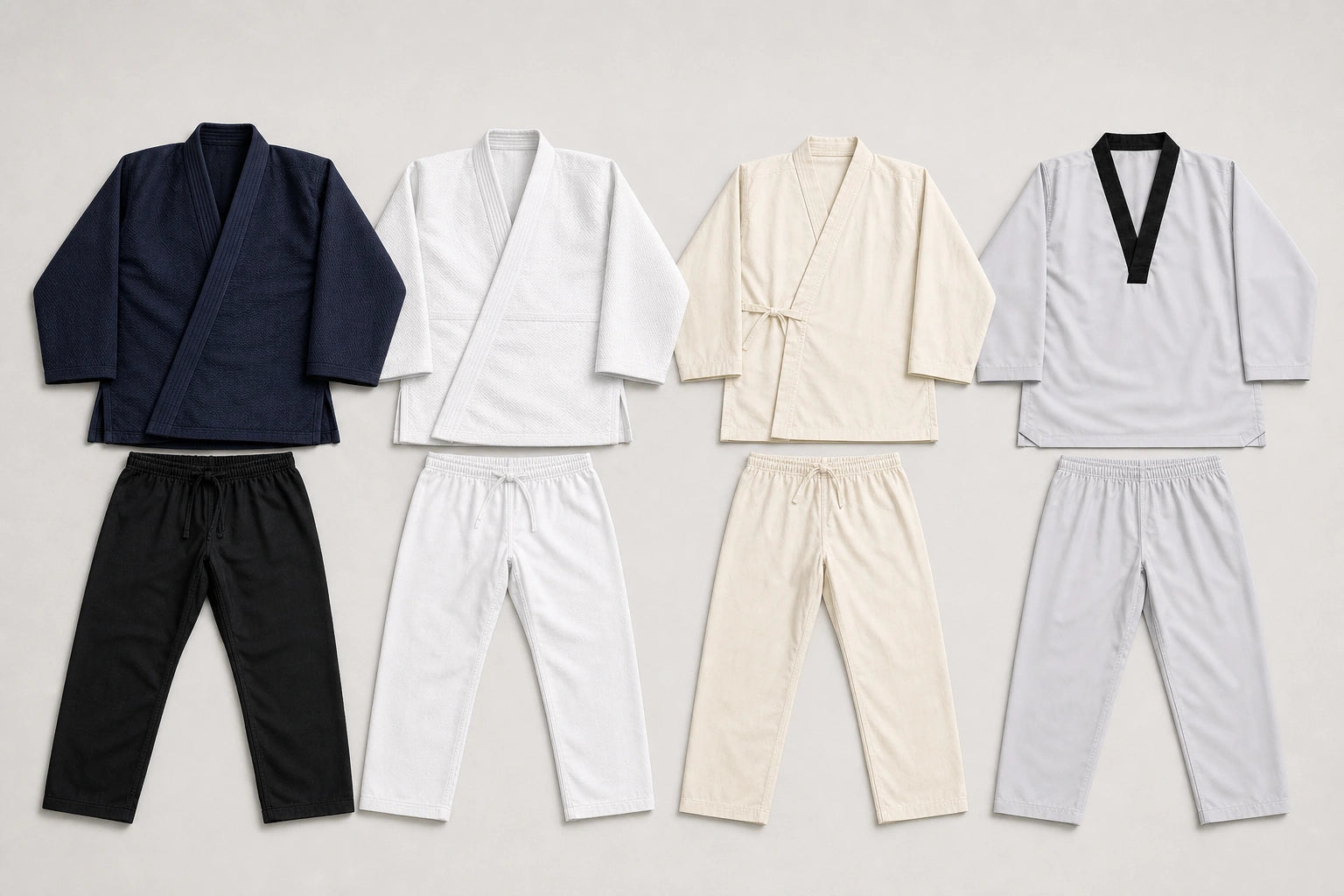Unbranded custom martial arts uniform apparel displayed for team and private-label manufacturing