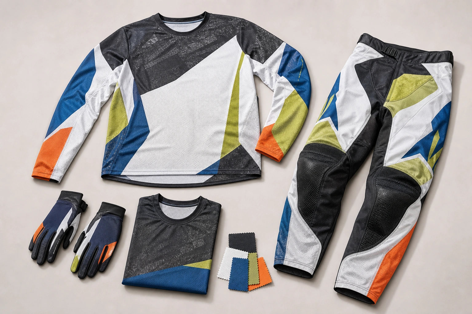 Unbranded custom motocross gear apparel displayed for team and private-label manufacturing