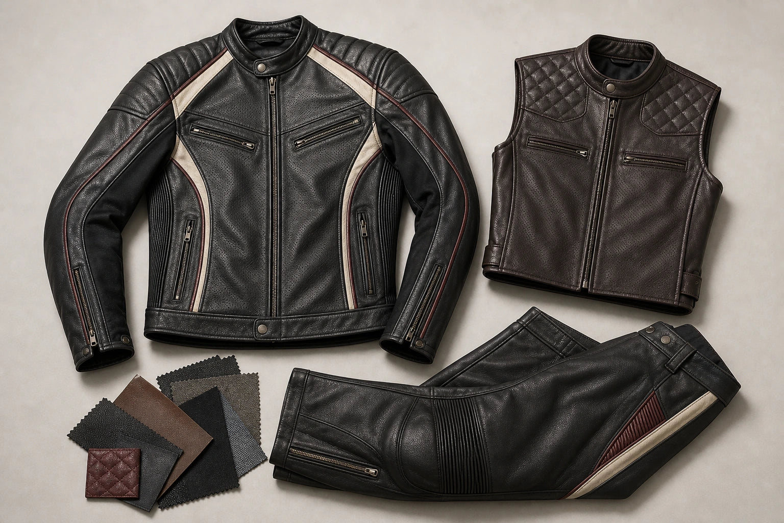 Unbranded custom motorcycle leather apparel displayed for team and private-label manufacturing