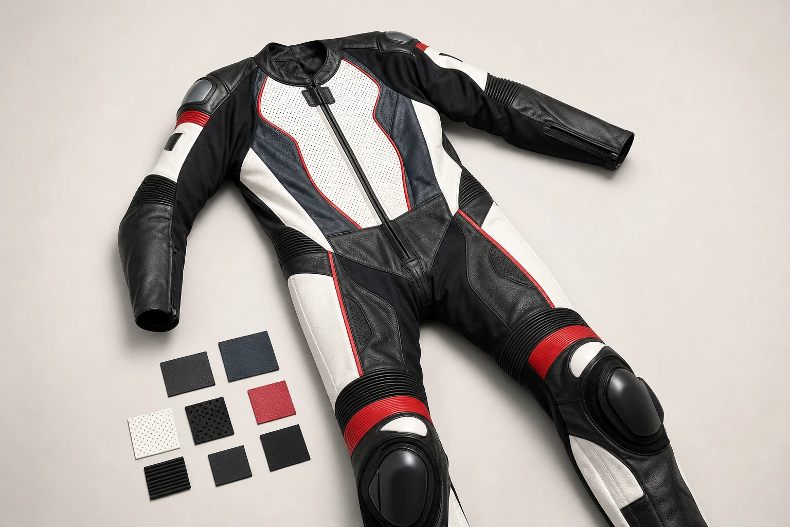 Unbranded custom motorcycle racing suit apparel displayed for team and private-label manufacturing