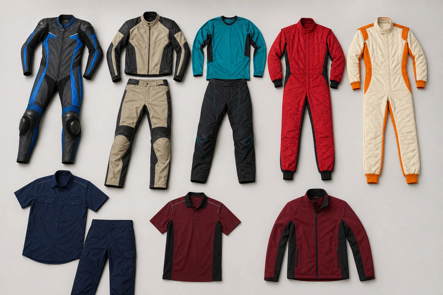 Unbranded custom motorsport apparel displayed for team and private-label manufacturing