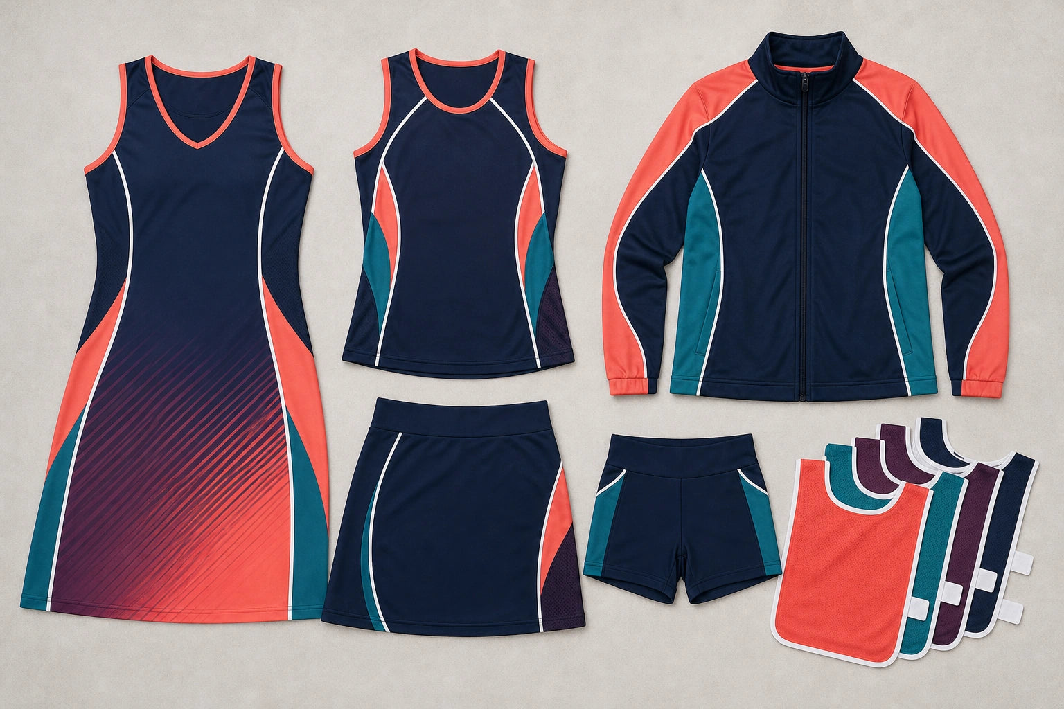 Unbranded custom netball uniforms for teamwear manufacturing