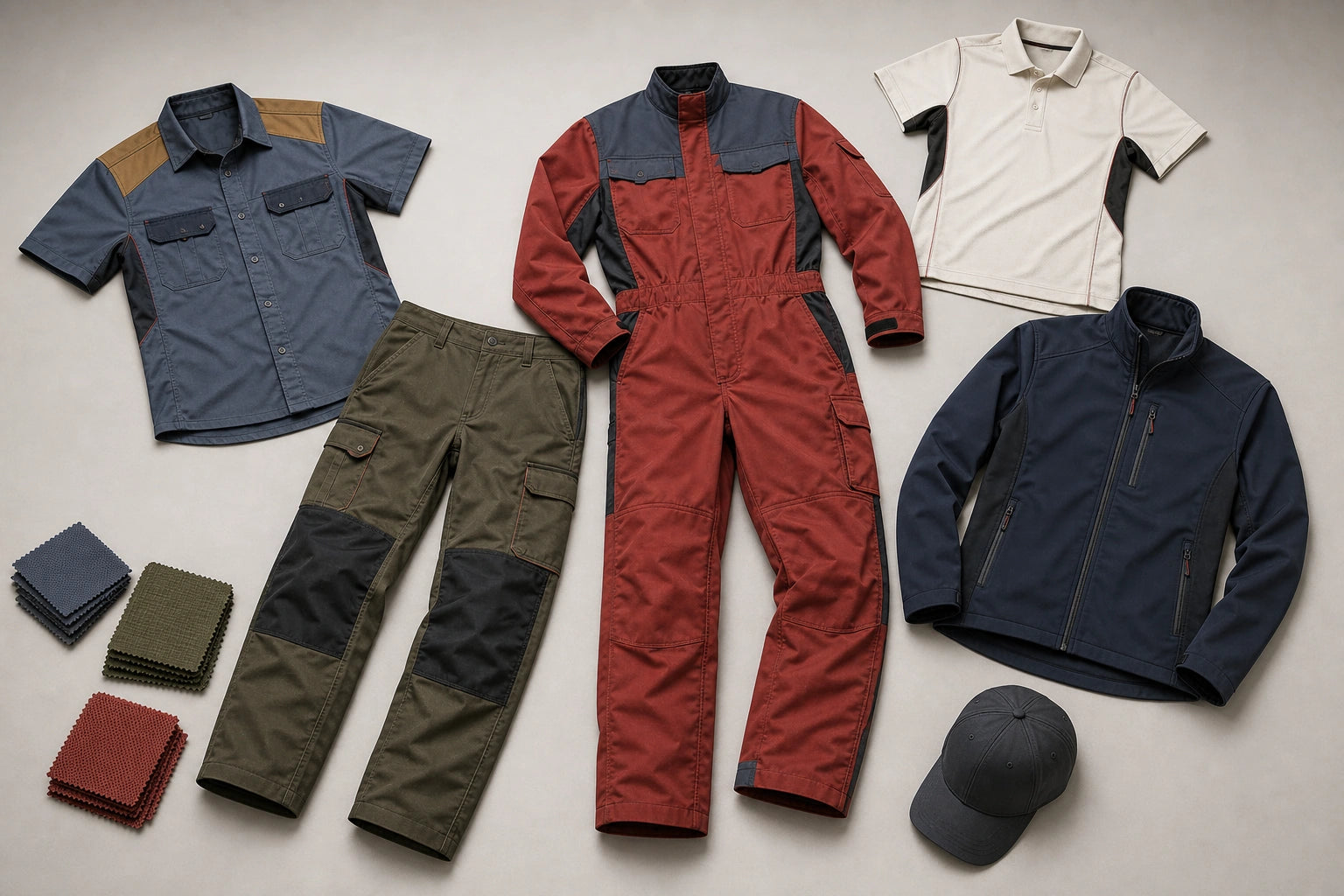 Unbranded custom pit crew uniform apparel displayed for team and private-label manufacturing