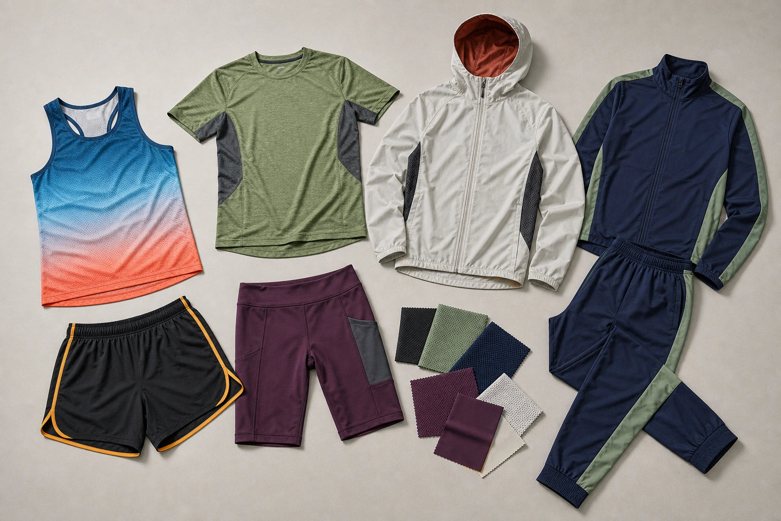 Unbranded custom running apparel displayed for team and private-label manufacturing