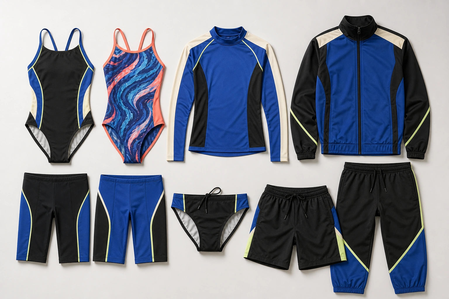 Unbranded custom swim teamwear apparel displayed for team and private-label manufacturing