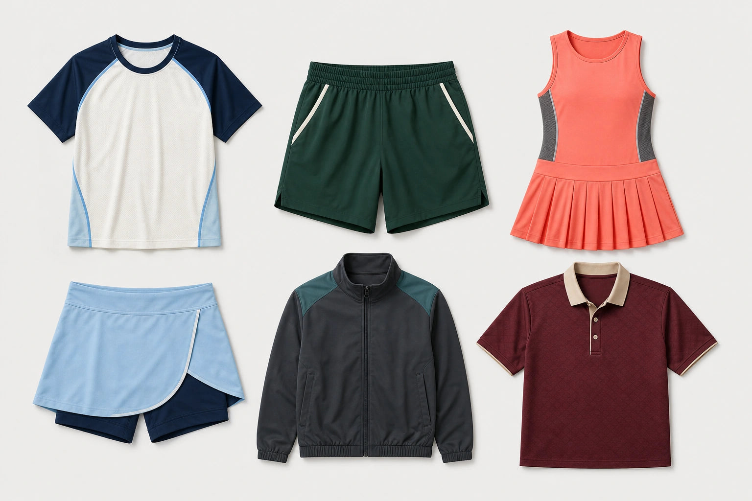 Unbranded custom tennis apparel displayed for team and private-label manufacturing