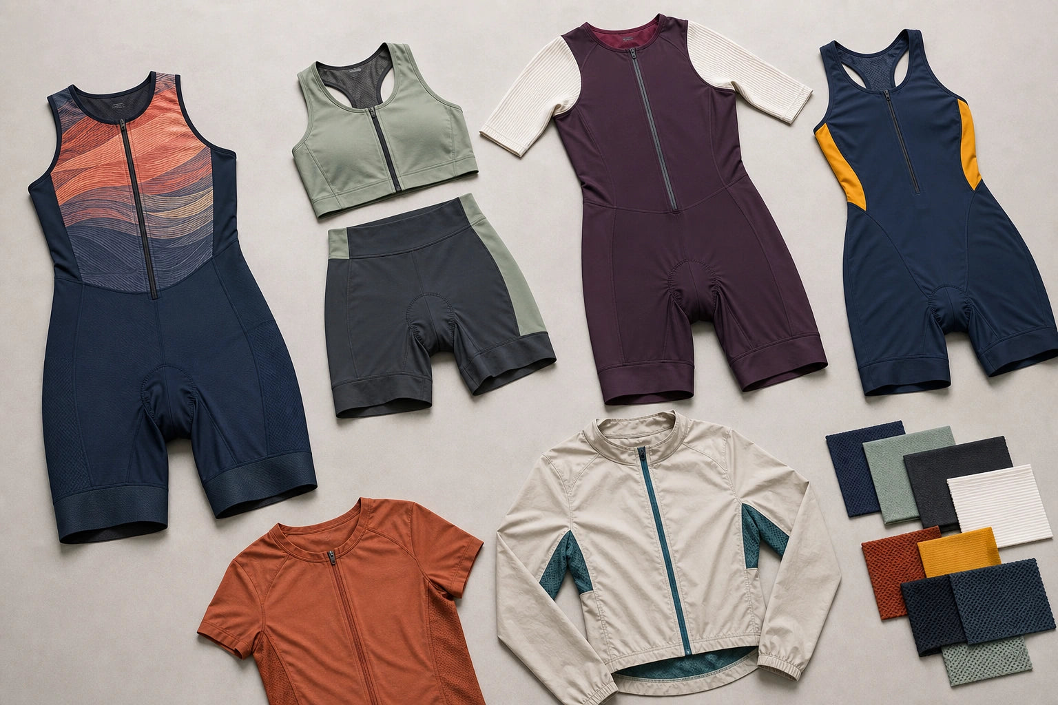 Unbranded custom triathlon suit apparel displayed for team and private-label manufacturing