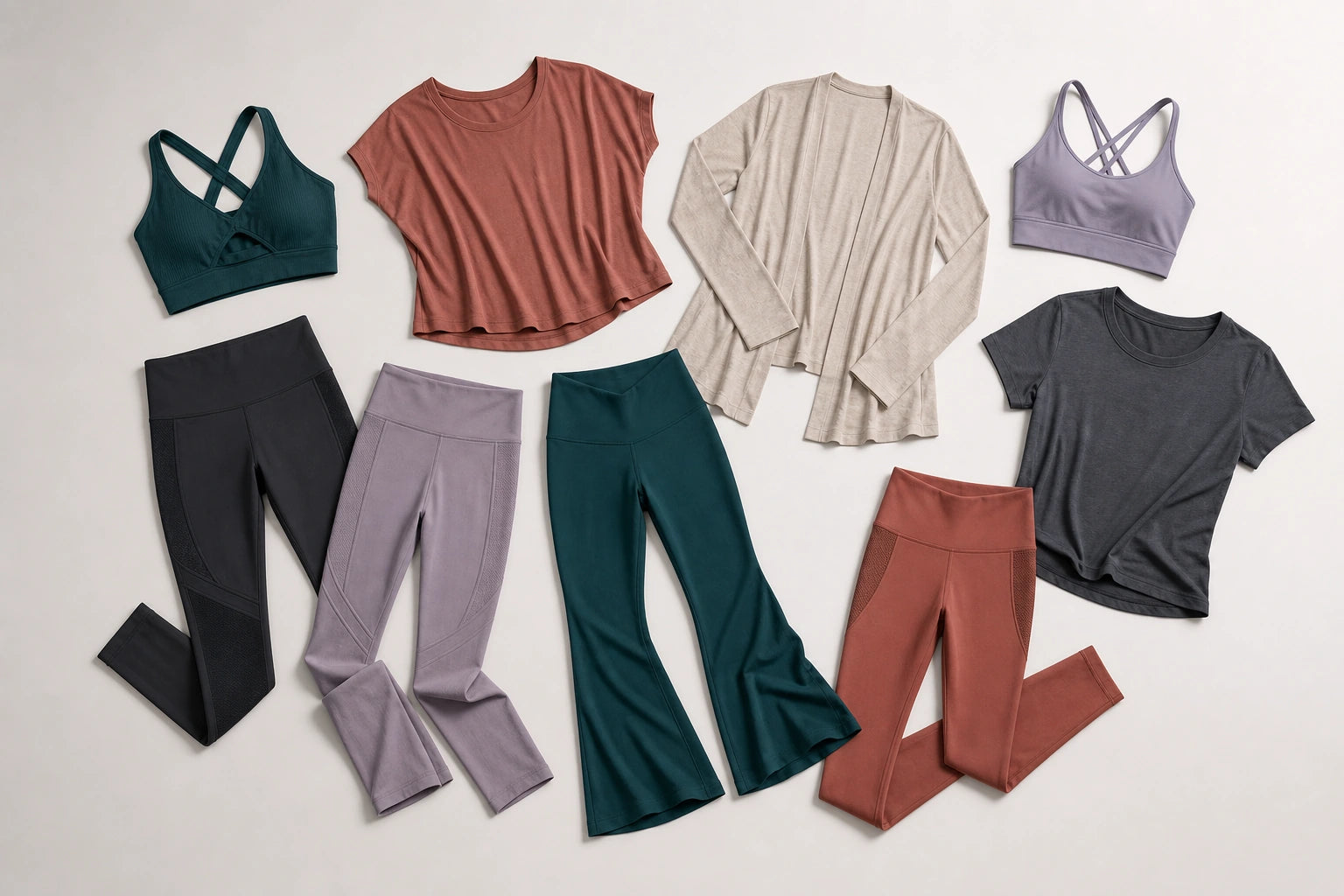 Unbranded custom yoga wear apparel displayed for team and private-label manufacturing